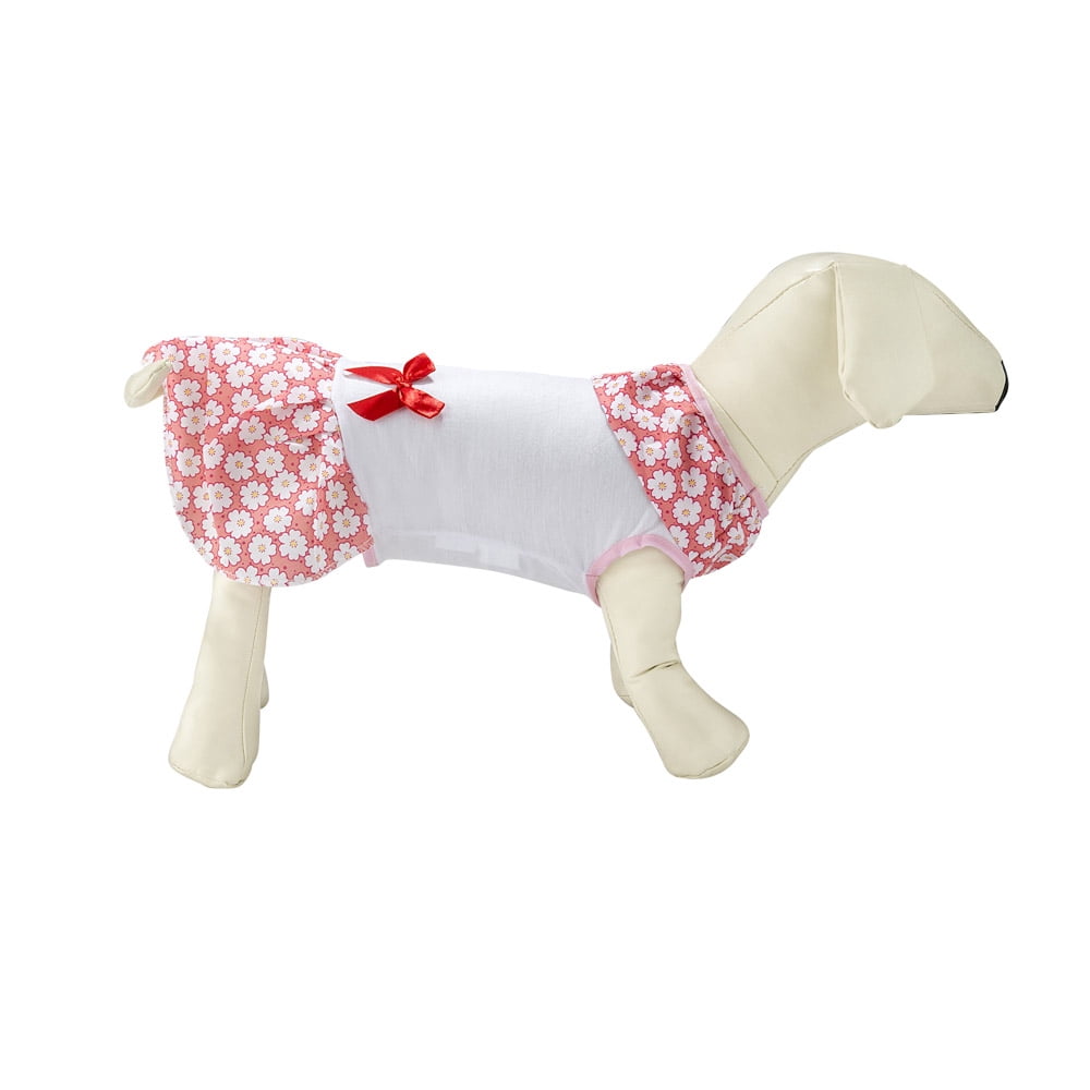 CUECUEPET White / Pink Dress [White Daisy Pattern] with Red Bow for Female / Girl Dogs and Puppies [Multiple Sizes Available]