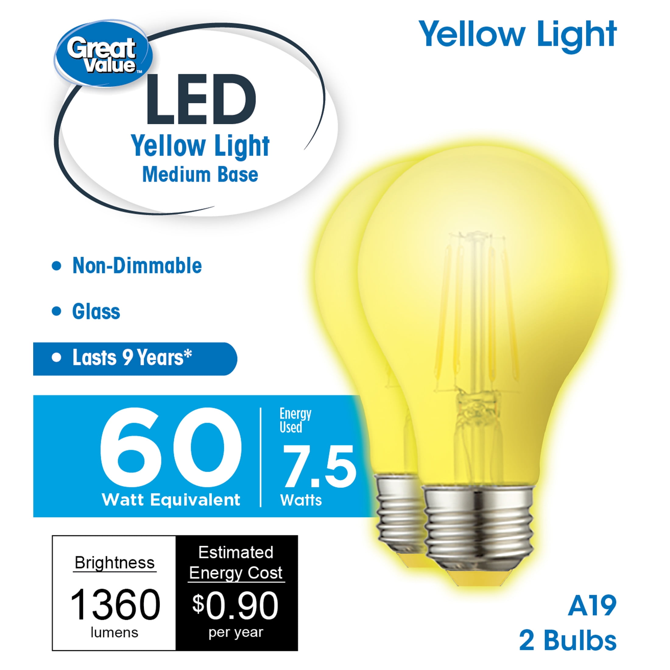 Great Value LED Light Bulb, 7.5W (60W Equivalent) A19 Lamp E26 Medium Base, Non-dimmable, Yellow, 2-Pack
