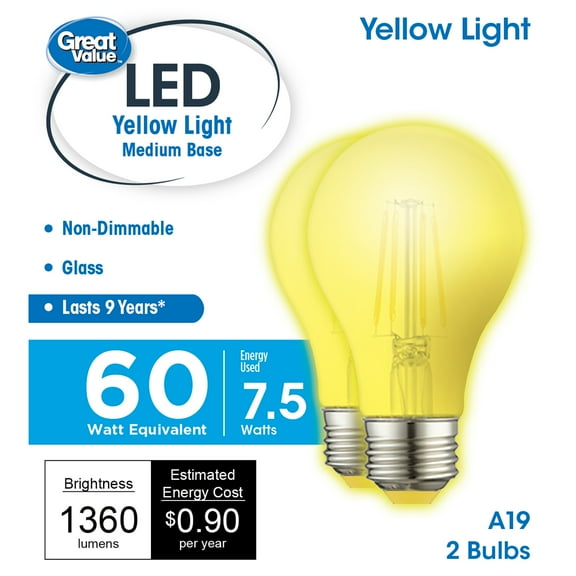 Great Value A19 LED 7.5W (60W Equivalent) Lamp E26 Medium Base Yellow Light Bulbs, 2 Pack