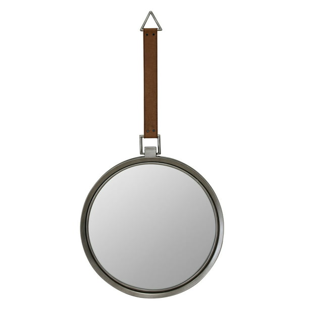 Round Metal Mirror With Hanging Leather, Leather Strap Mirror