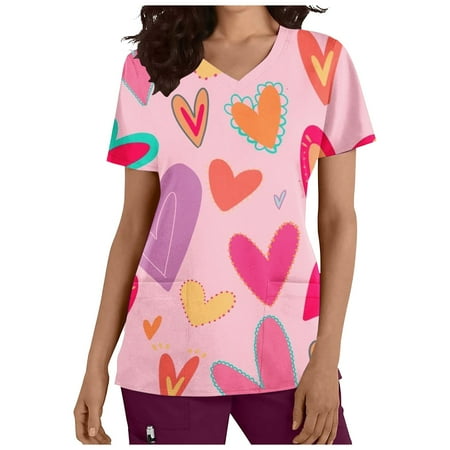 

CYMMPU Women s V-Neck Pocketed Scrub_Tops Nurse Workwear Uniform Clearance Going out Tops Summer Tees Short Sleeve Shirts Trendy Valentine s Day Tunic Love Heart Printing Fashion Tshirts Hot Pink XL