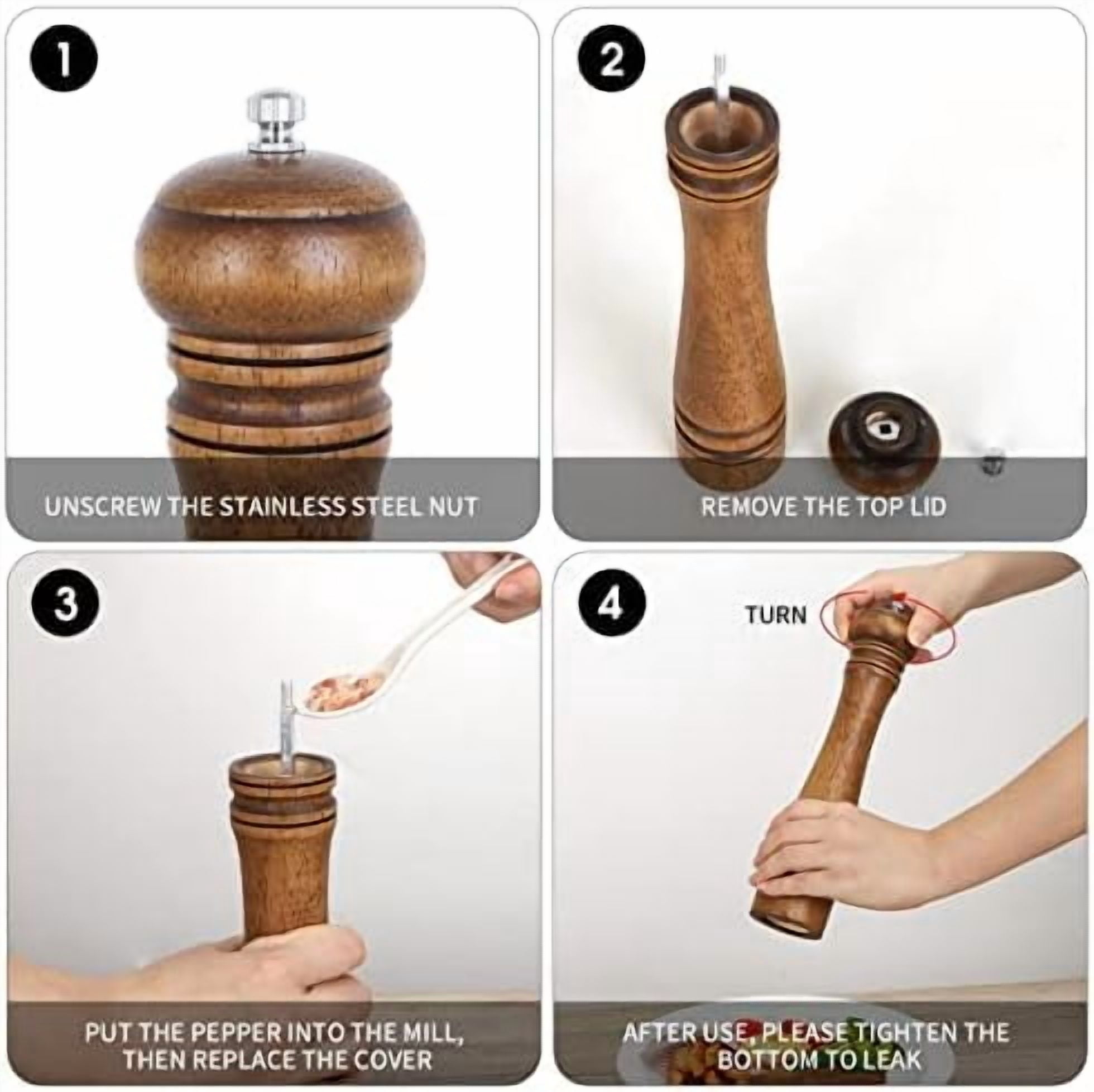 1Pack Wood Pepper Grinder, Hasako 10 Inch Salt Mill Pepper Shaker, Pepper Mill with Adjustable Ceramic Rotor - Oak Wood Pepper Grinder for Your Kitchen