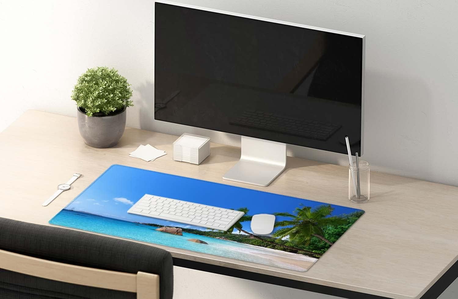 Tropical Paradise Sunshine Beach Coast Sea Palm Trees Mouse Pad 35.5 X 15.7 Inch XXL Full Desk Mousepad Extended Large Non-Slip Rubber Base Waterproof Big Keyboard Mat with Stitched Edges