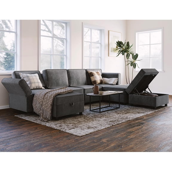 EastVita GAOMON Modular Sectional Sofa with Ottomans Chenille Sleeper 7 - Seat Sofa Couch with Chaise and Storage Seats U Shaped Couch for Living Room Grey (U Shaped Sofa-7)