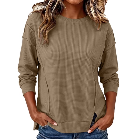 Virmaxy Womens Oversized Waffle Knit Sweatshirt Crew Neck Long Sleeve Pullover Tops with Side Slits Casual Fall Winter Cozy Tunic Brown