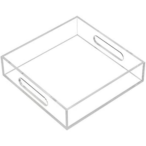 Clear Sturdy Acrylic Tray with Handles-8"x8"x2"H-Countertop Organizer Tray for Kitchen,Bathroom,Office- Storage Box for Cosmetics, Jewelry,Toiletries,Toy,Gadgets