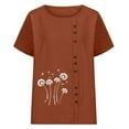 thumbnail image 4 of Ecqkame Women's Flowers Printed T-Shirts Short Sleeve Round Neck Button Blouses Lightweight Fashion Casual Summer Tops Brown M, 4 of 5