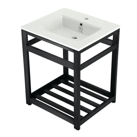 Kingston Brass VWP2522A0 Quadras 25" Ceramic Console Sink with Steel Base and Shelf (1-Hole), White/Matte Black