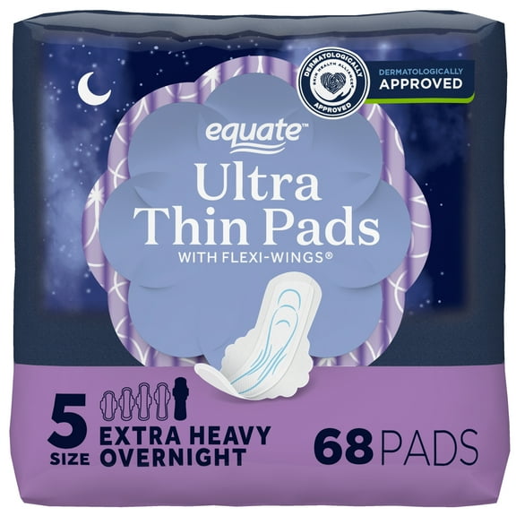 Equate Ultra Thin Pads with Wings, Extra Heavy Overnight, Unscented, 68 Count