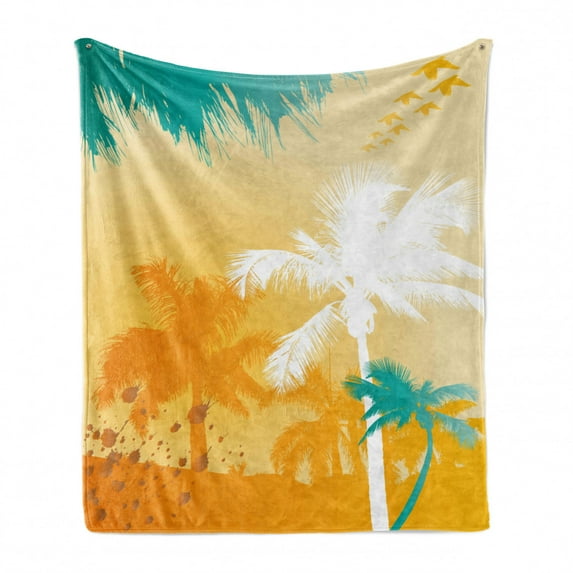 Tropical Soft Flannel Fleece Blanket, Grunge Style Vibrant Palms Silhouette Paradise with Funky Retro Graphic, Cozy Plush for Indoor and Outdoor Use, 70" x 90", Marigold Teal White, by Ambesonne