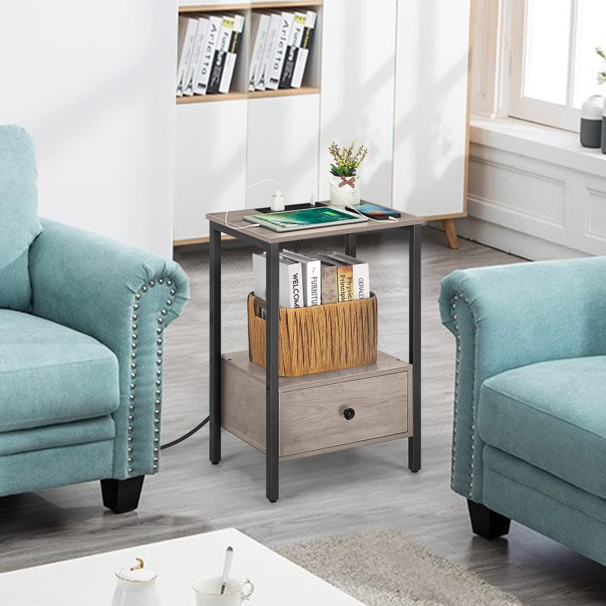 Oumilen Modern Adult Nightstand with Charging Station, Light Oak