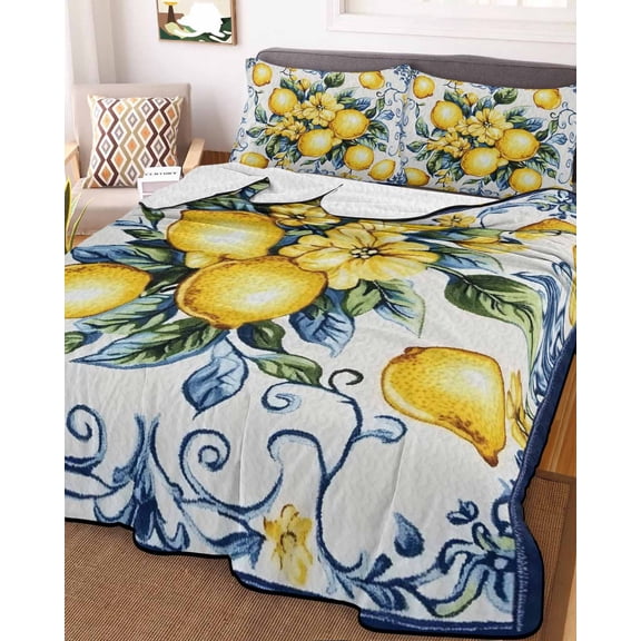 Yellow Lemon King Size Down Alternative Comforter, Lightweight Comforter Quilt Bedding Set with Pillow Shams Middle Century Blue Italian Textured All Seasons Bed Comforter Duvet Insert 96"x106"