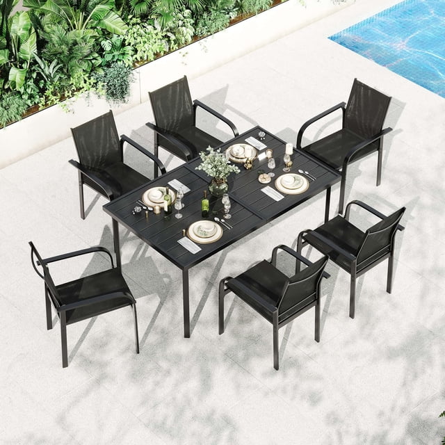 7 Piece Patio Dining Set for 6, Outdoor Metal Dining Furniture Set with Rectangular Slatted Table, 6 Breathable Textilene Chairs, Modern Backyard Deck Porch Poolside