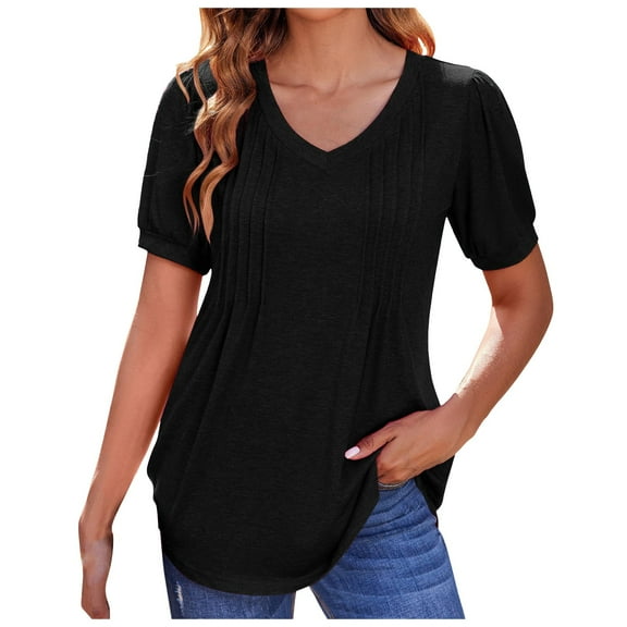 DuoJiaJ Women's Puff Short Sleeve Boho Shirts Casual V Neck Floral Solid Summer Blouse Pleated Casual Tunic Top Women's Button Down Shirts Black L