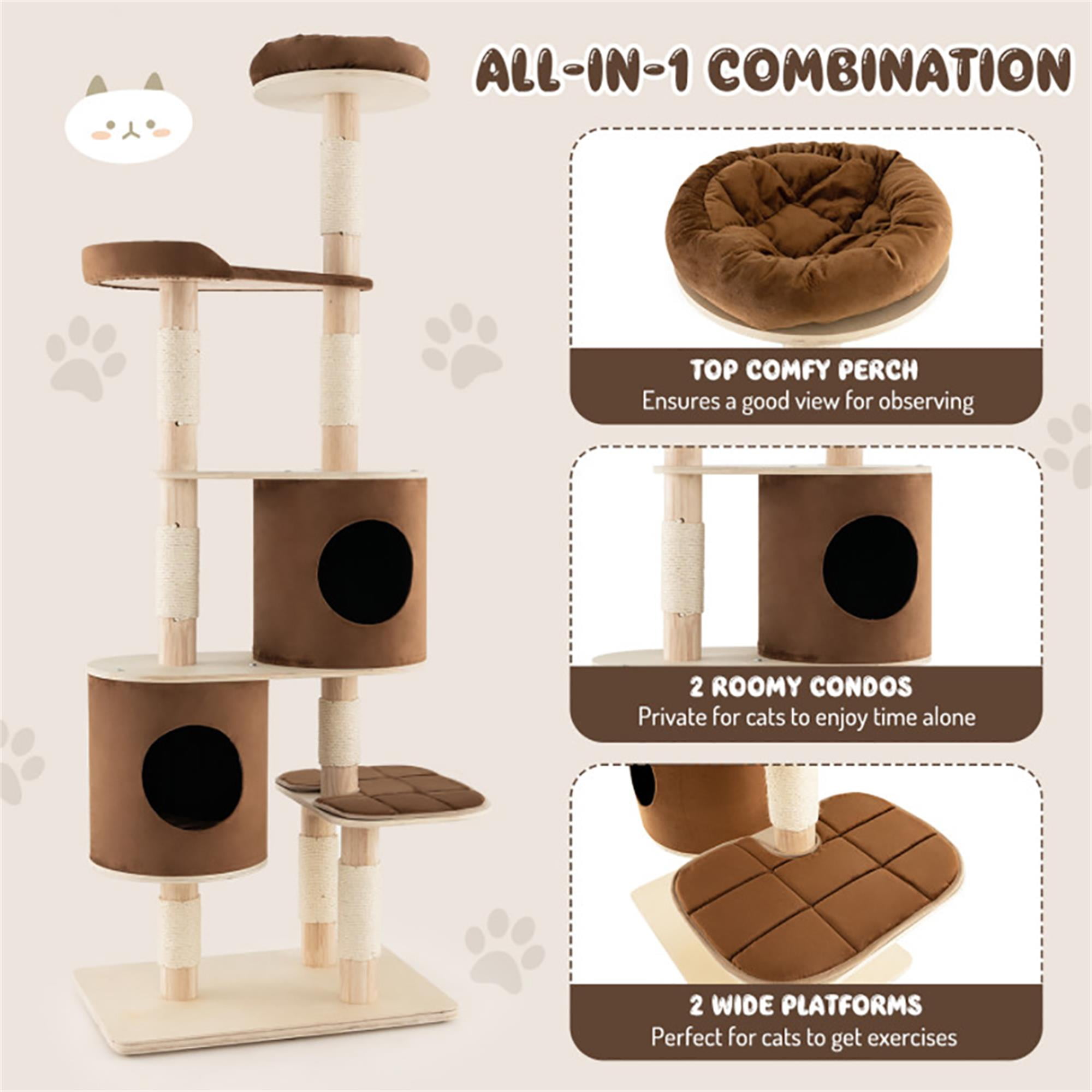 Kadyn 75" Wood Cat Tree Tower for Indoor Cats, Multi-Level Cat Condo with Scratching Posts, Perch, Washable Removable Cushions, Cat Furniture, Brown