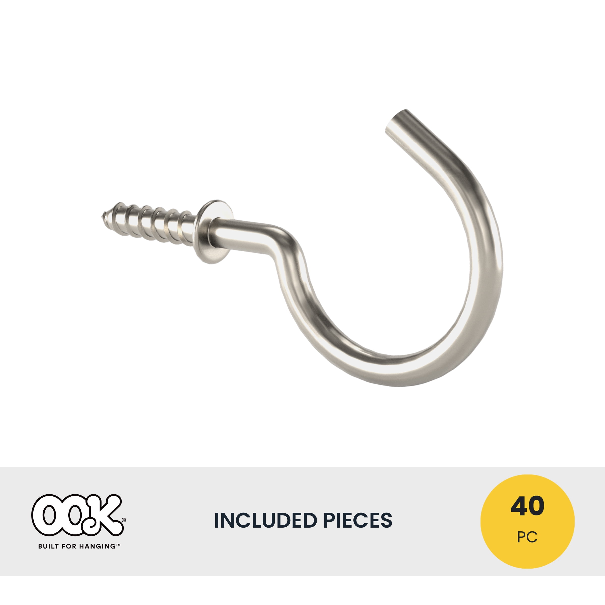 OOK Nickel Cup Hooks, 7/8", Screw-in Cup Hooks, 40 Pieces