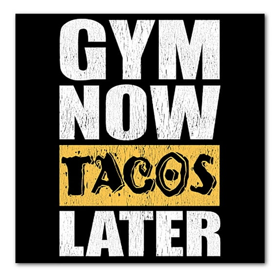 DistinctInk Custom Bumper Sticker - 4" x 4" Decorative Decal - Black Background - Gym Now Tacos Later