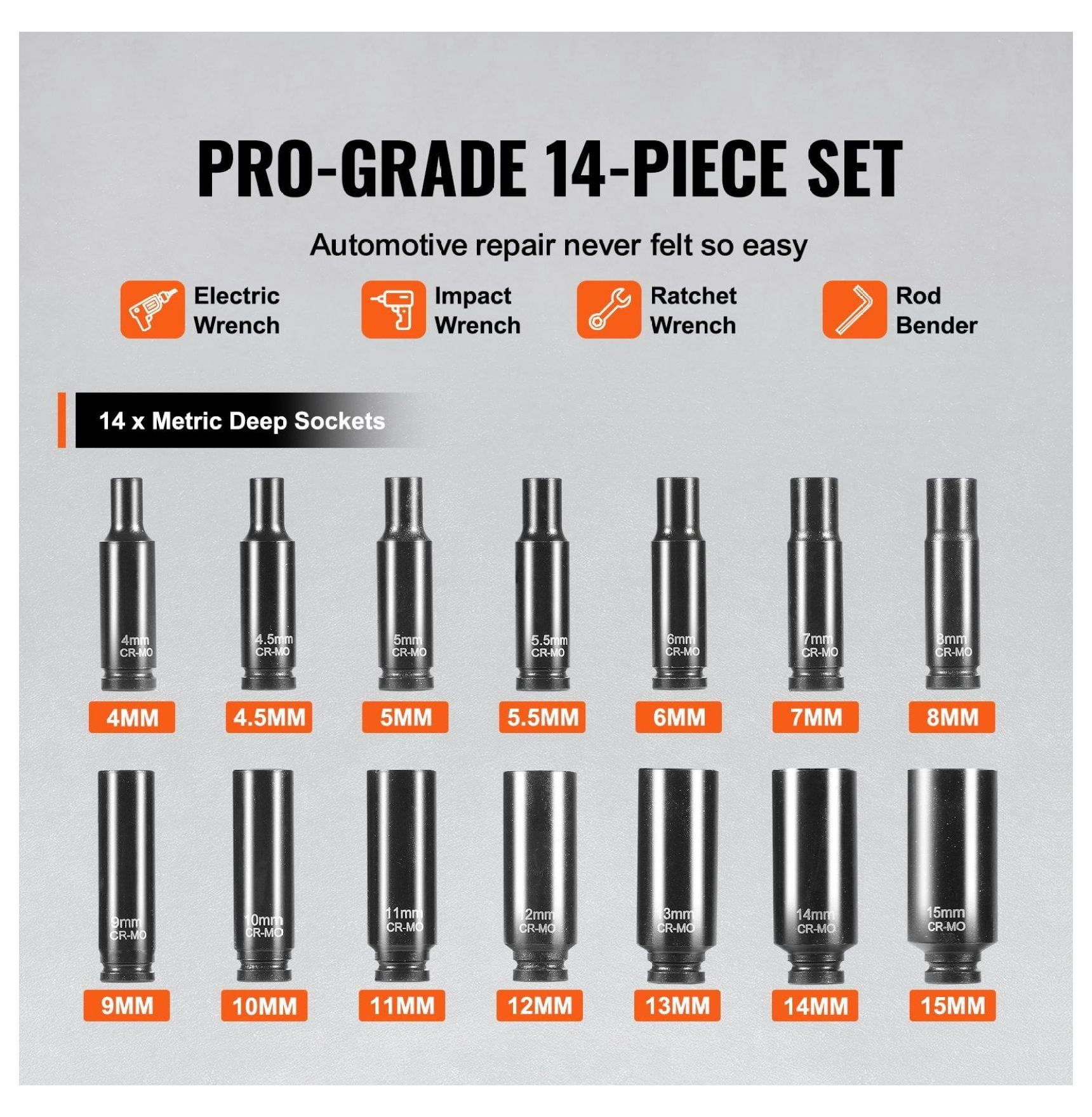 1/4" Drive Impact Socket Set, 14 Piece Metric 4-15mm Deep Sockets, Cr-Mo Steel for Auto Repair