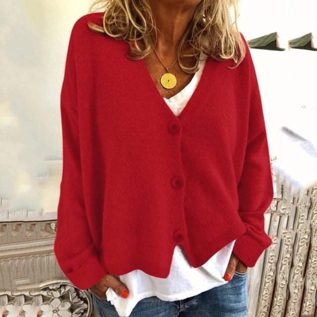 Baberdicy Women's Single Breasted Knit Cardigan, Solid Color Casual Button down Open Front Sweater , Single-Breasted Knit Cardigan, Solid Button-Front Sweater, Casual Top Red M