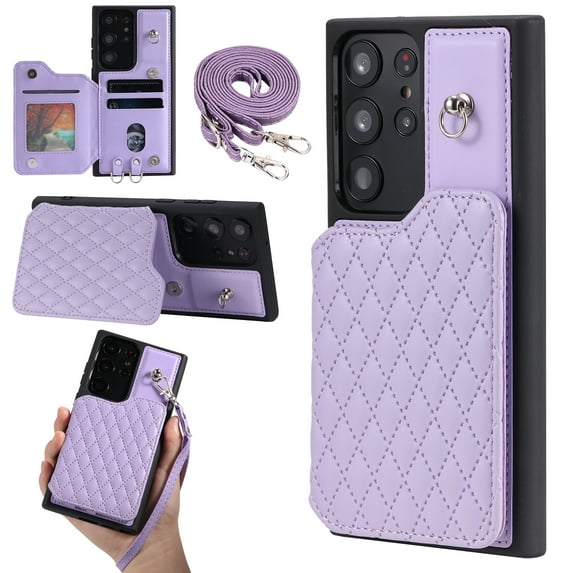 Case for Samsung Galaxy S23 Ultra, Detachable Crossbody Strap Wallet Case with Card Slots, Stand Ring Flip PU Leather Protective Cover Lanyard for Women for Samsung Galaxy S23 Ultra, Purple