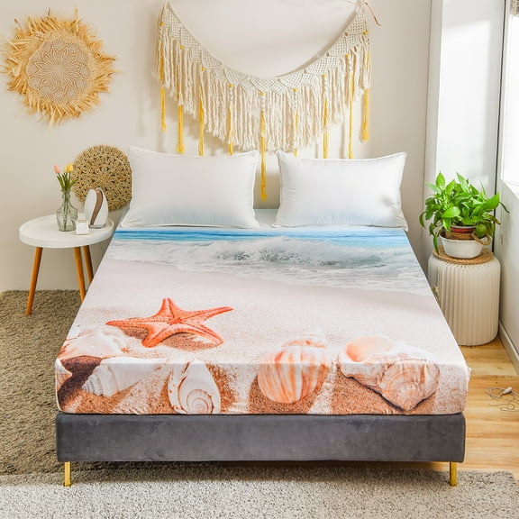 Move Over Ocean Single Fitted Sheet King, Blue Beach Sheet Only, Starfish Beach Pattern, Microfiber Deep Pocket Fitted up to 16"