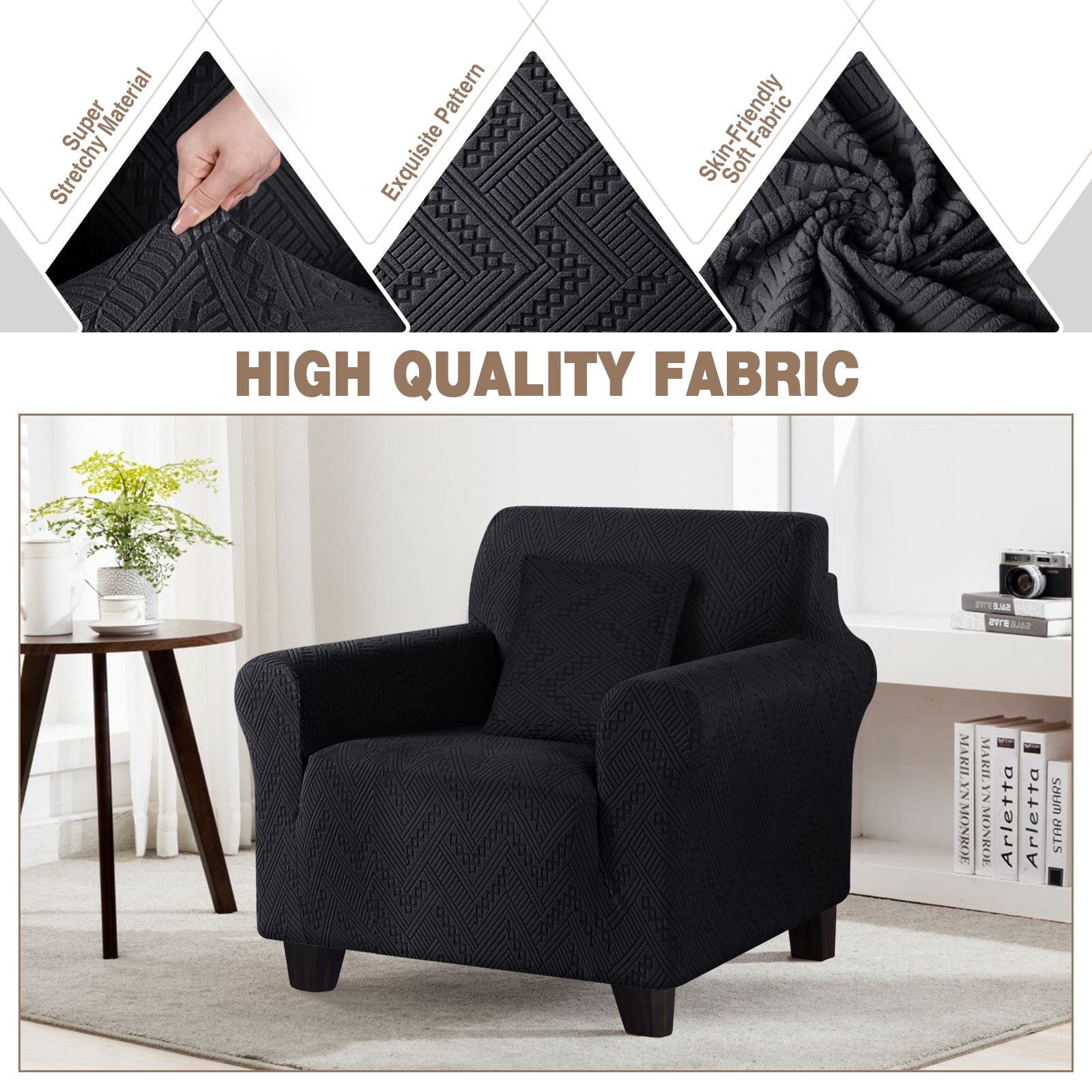 Timeles 1 Piece Stretch Sofa Slipcover Non Slip Armchair Cover Soft Jacquard Couch Cover Washable Furniture Protector with 1 Throw Pillow Cover (1 Seater, Black)