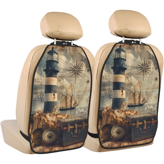 Xecao Vintage Nautical Lighthouse Pattern Car Seat Back Protector 2 Pack Large Capacity Pocket, Kick Mats Back Seat Protector