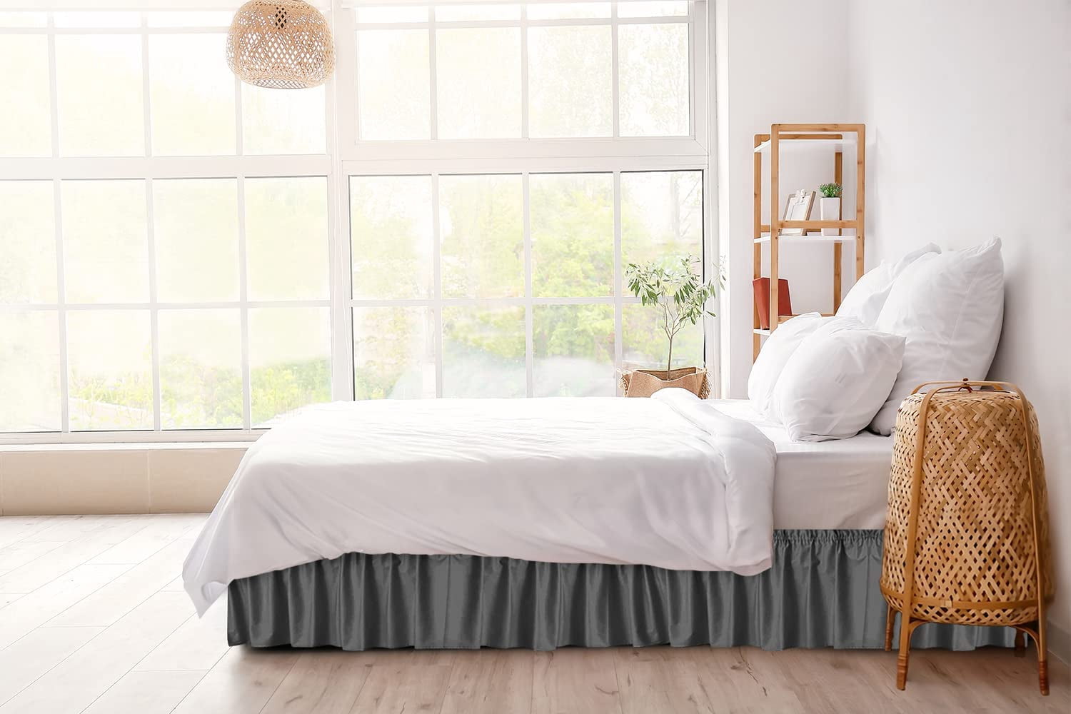 CGK Linens Wrap Around Dust Ruffle Bed Skirt - For Queen Size Bed With 12 Inch Drop, Easy Fit Elastic Strap - Pleated Bedskirt, Gray