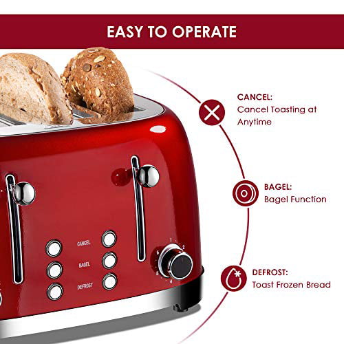 Red ST033 6 Browning Settings REDMOND 4 Slice Toaster Retro Stainless Steel Toasters with Bagel Defrost Cancel Function