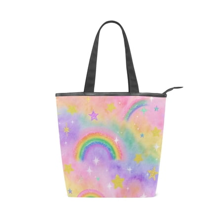 Large Capacity Canvas Tote Bag with Zipper Durable Canvas & Leather Shoulder Handbag All-over Print Tote for Work Commuter Shopping Travel Sparkle Rainbow Design