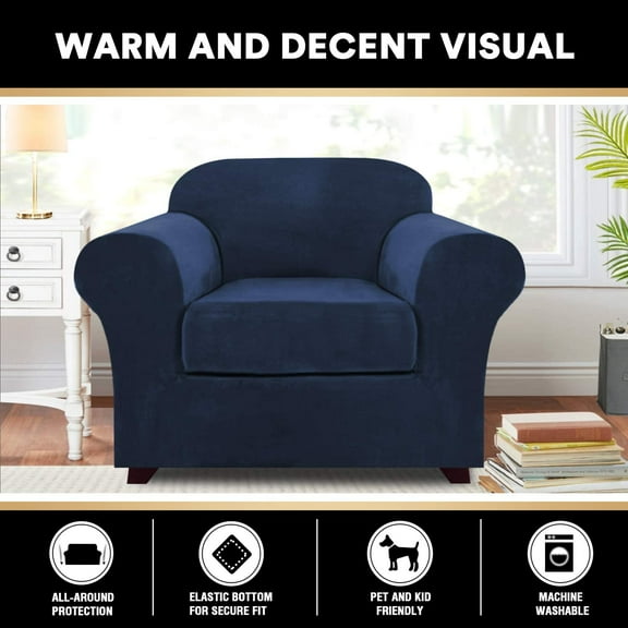 Shanna Velvet Stretch Armchair Covers, 2 Piece Chair Covers Furniture Protector Cushion Couch Cover Soft with Elastic Bottom (Navy)