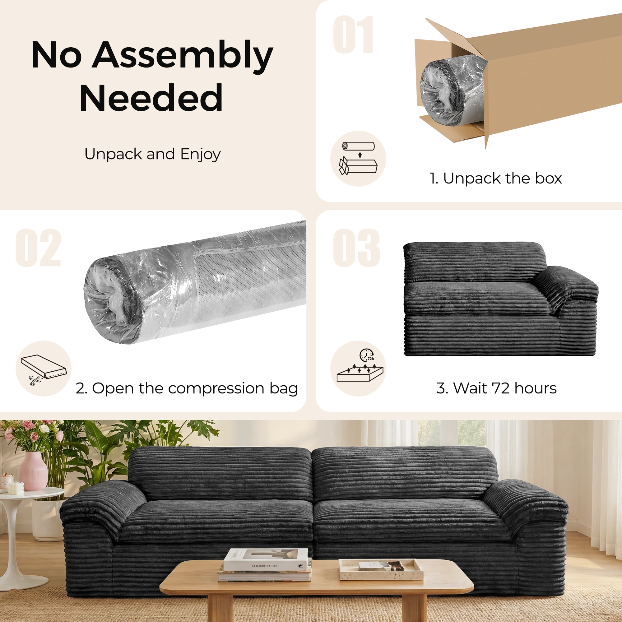 Neche 114" Boneless Sofa Couch for Living Room, Deep Seat, Soft Corduroy Design, Dark Gray