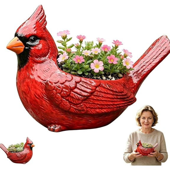 Cardinal Bird Succulent Planter, Red Cardinal Flower Pot with Drainage Hole for Indoor Outdoor Plants, Cute Animal Plant Pot Garden Desk Decor (15x7cm)
