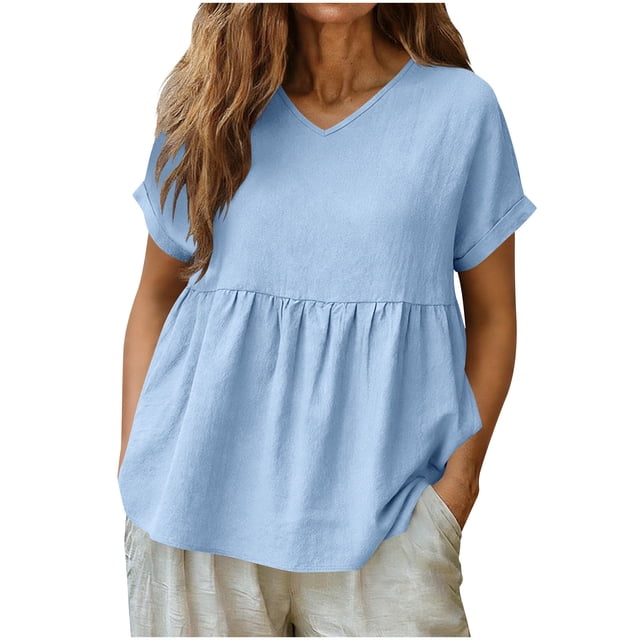 Tops de Color Sólido para las Mujeres con Cuello en V Plisado Manga Corta Blusa de Suéter de Lino, Camiseta de Moda de Verano Casual