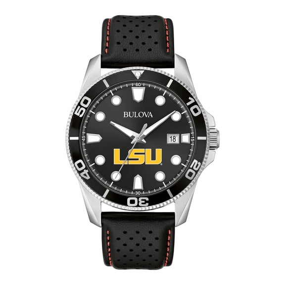 Men's Bulova Black LSU Tigers Corporate Collection Leather Strap Watch