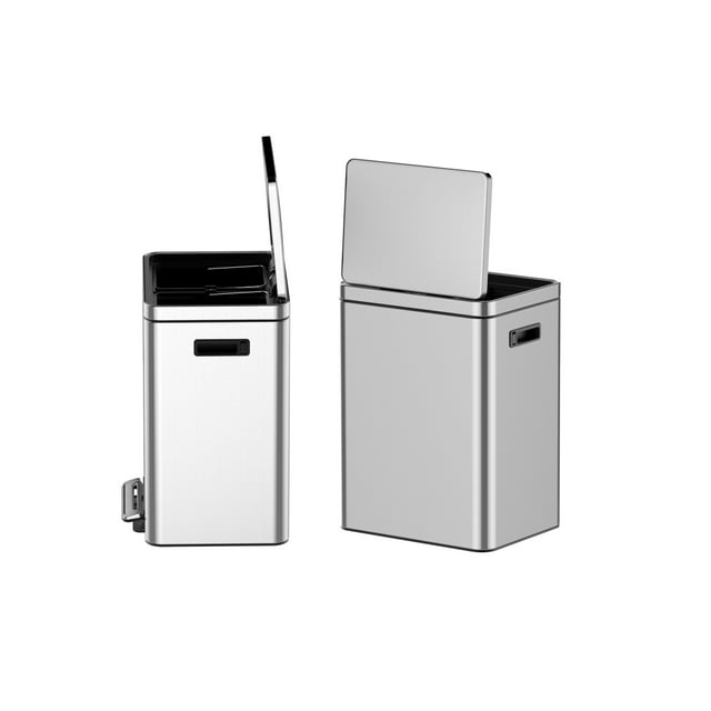 Dual Compartment Stainless Steel Trash Can – 40L (2x20L) Step-On Indoor Recycling Bin, Removable Buckets, Fingerprint-Proof Lid, Rectangular Waste Container Silver – 20L*2 37.60*42.80*57.70cm