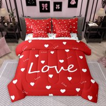 Homewish Red Love Heart Twin Bedding Sets 7-Piece for Teens, Romantic Valentines Day Bedding Comforter Set, Kawaii Cartoon Reversible Sheet Sets, Ultra Soft Bedroom Decor