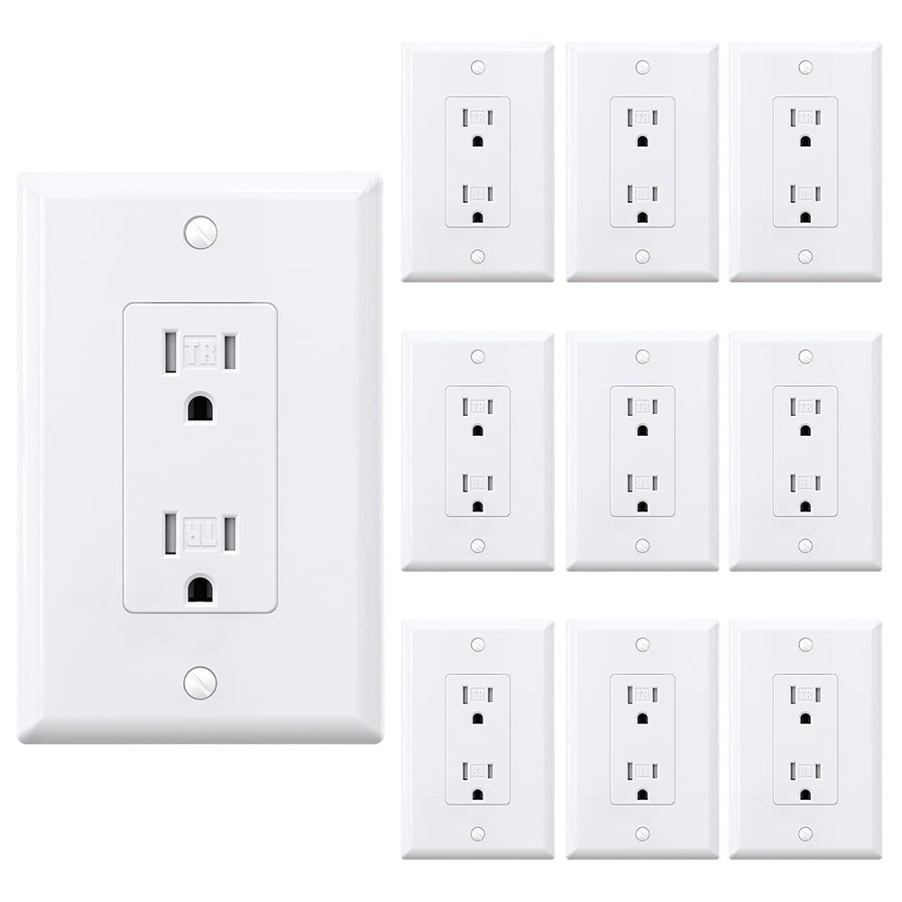 ELEGRP 15A Decorator Tamper Resistant Receptacle Duplex Outlet with Midsize Nylon Wall plate, White (10 pack)