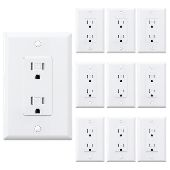 ELEGRP Decorator Wall Receptacle Outlet, Tamper Resistant 15 Amp Standard Electrical Wall Outlet, Residential Grade, Self-grounding, 125V, 2 Pole 3 Wire, 5-15R, UL Listed, Glossy White, 10 Pack