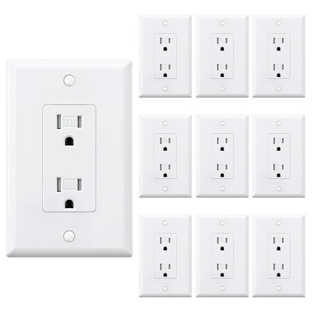 ELEGRP 15A Decorator Tamper Resistant Receptacle Duplex Outlet with Midsize Nylon Wall plate  White (10 pack)