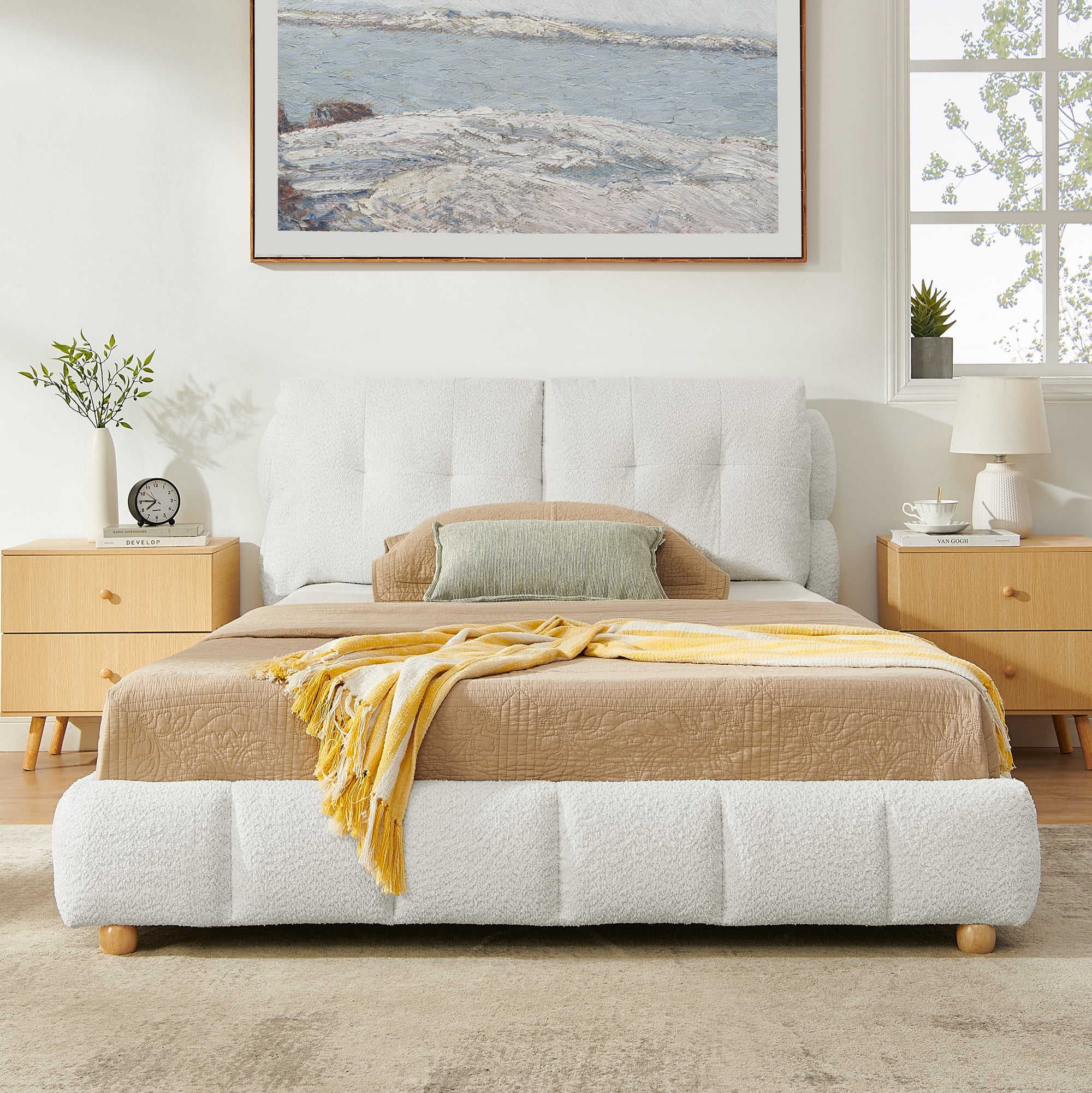 Queen Size Bouclé Fabric Platform Bed, Soft Cloud-Like Upholstered Frame, No Box Spring Needed