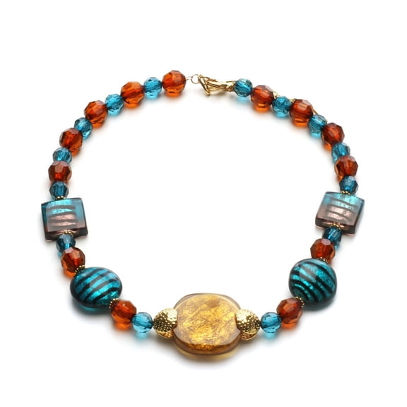Sea Glass Beaded Statement Necklace with Turquoise and Amber Colored Beads, 18 inch with Extender Jewelry Necklace