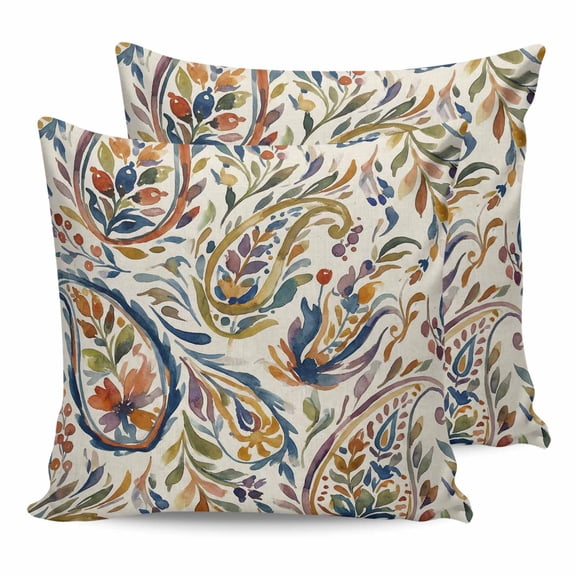 20x20 Pillow Covers Set of 2, Paisley Flower Throw Pillow Covers Decorative Couch Cushion Case, Spring Watercolor Vintage Floral Leaf Plant Microfiber Square Pillowcases for Bedroom Car Living Room