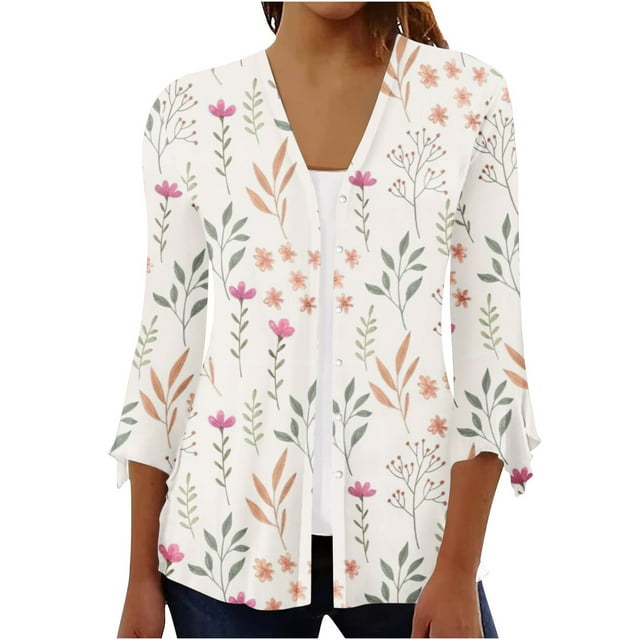 Wolfast Cardigans Décontractés pour Femmes à devant Ouvert, Manches 3/4, Imprimé, Boutons, Grande Taille, Chemisiers Amples, Orange, G