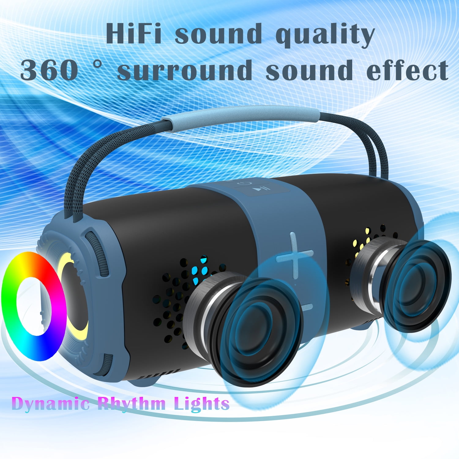 Babyltrl Portable Bluetooth 5.3 Speaker,9.3" Wireless Speaker with Dynamic LED Lights and Powerful 360° Sound,TWS Pairing,Outdoor Music Party Show,Blue