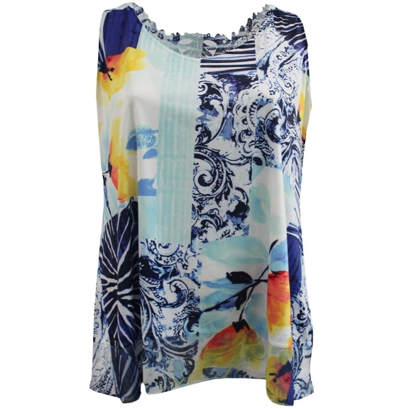 Plus Size Women's Sleeveless Fashion Flowy Lace Back Round Neck Tank Top Blue 1X (170.06)