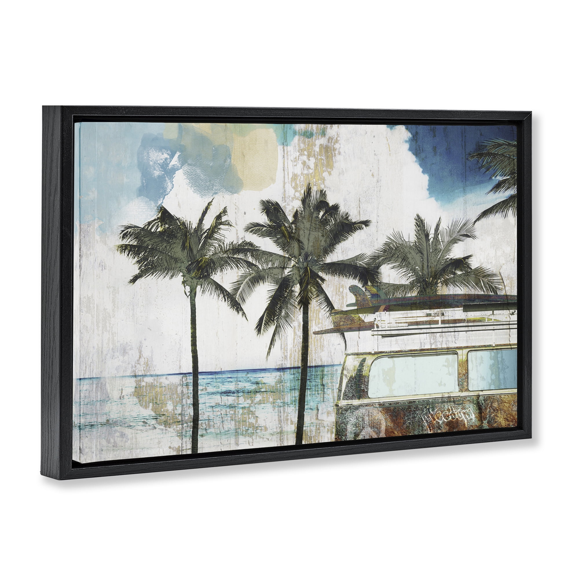 Beach Day Retro Vacation Black Framed Floater Canvas Wall Art, design by Sasha