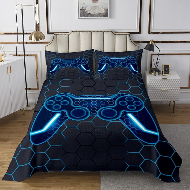 Erosebridal Blue Gamepad Bedspread Sets King Size, Gradient Geometry Bed Quilt, Gaming Sports Decor