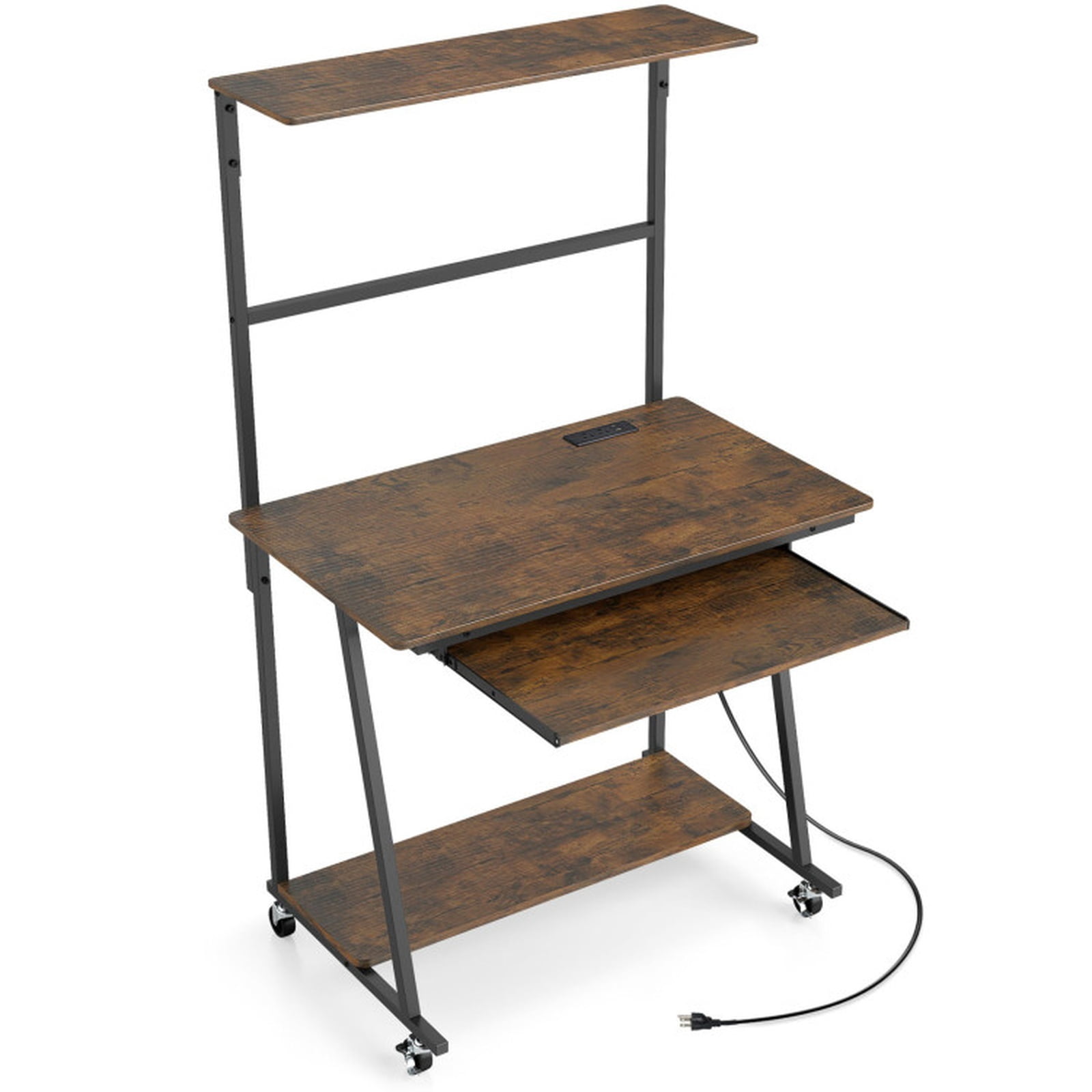 Furnibear Small Computer Desk with Charging Station, Rolling Home Office Desk with LED Lights and 4-Tier Storage for Bedroom Dorm, Rustic Brown