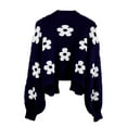 thumbnail image 5 of OGLCCG Women's Cute Flower Cropped Cardigan Long Sleeve V Neck Open Front Floral Knit Sweater Tops Winter Warm Fuzzy Cropped Sweater Coats,M,Black, 5 of 8